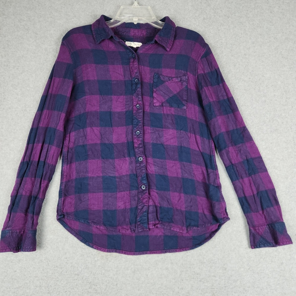 Beachlunchlounge Shirt Women Medium Navy Purple Buffalo Plaid Collared Button Up